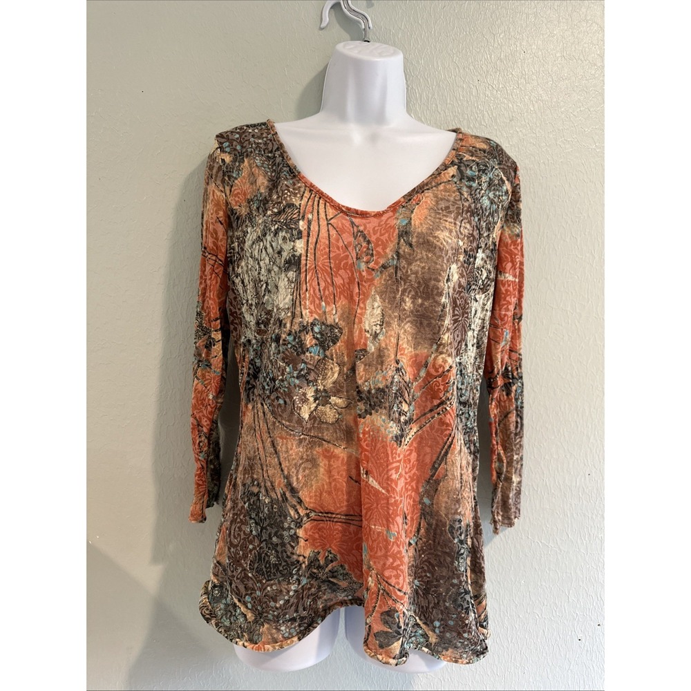 Vtg Burnout Paper Thin Floral Orange Top Hippie Eclectic Dopamine Y2K Fall Sz L